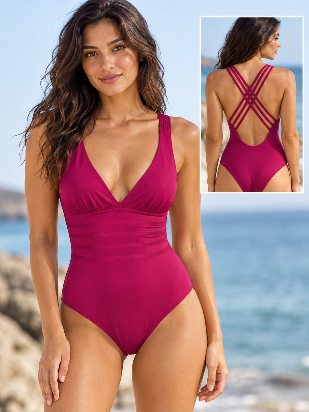 LA BLANCA Magenta Pink Strappy Back One Piece Swimsuit Size 4